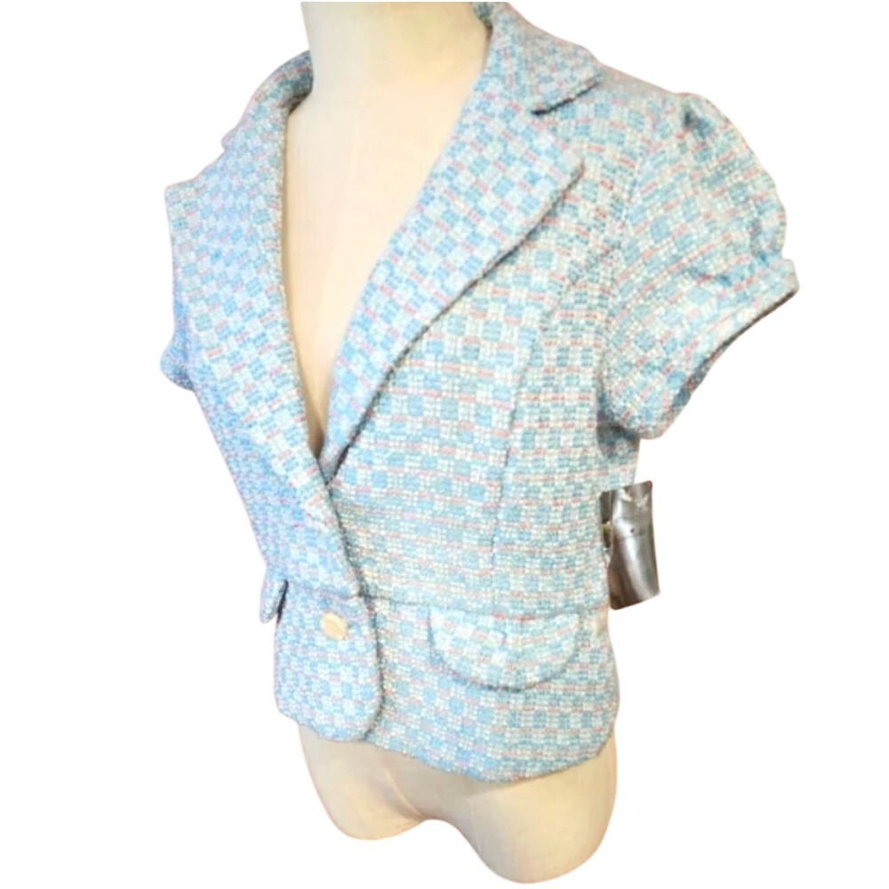 Kamiseta‎ Tweed Blazer Cropped Short Sleeve Pastel Blue Pink White Women's M NWT